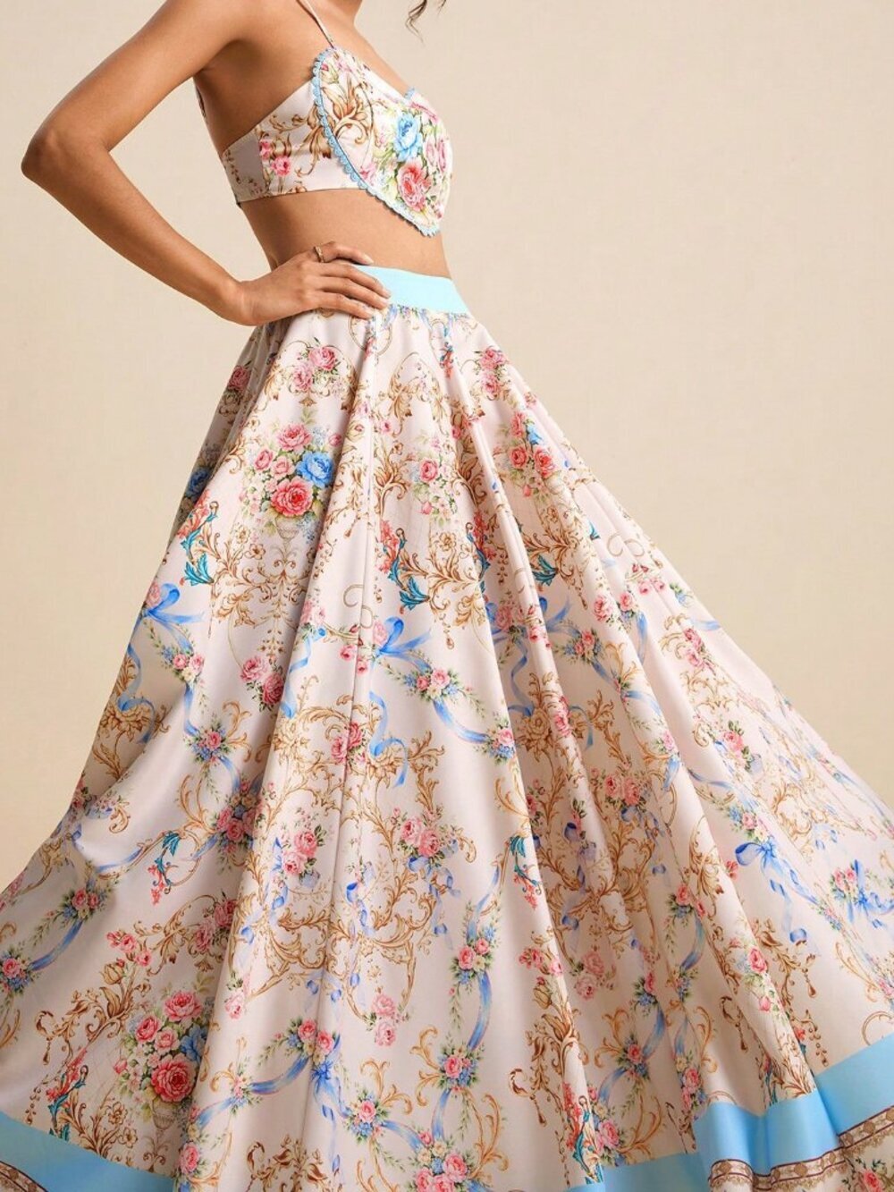 Pink Boho Women's Heart Ruffle Hem Cropped Top And Printed A-Line Mini Skirt Set - Picture 6 of 8